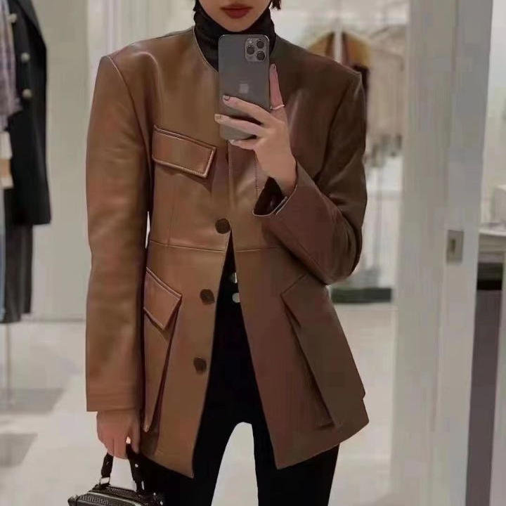 Spring 22 Ladies Real Sheepskin Leather Shirt Long Sleeve Black Bomber Jacket Genuine Leather Jacket With Irregular Pockets 