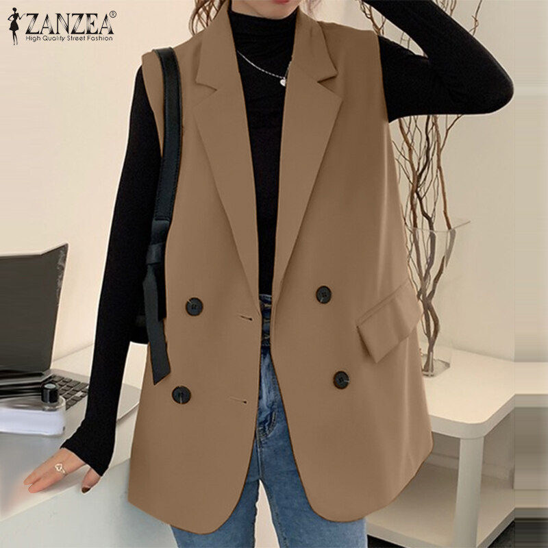 ZANZEA Korean Style Women Commute Turn-Down-Collar Sleeveless Blazer Double-Breasted Solid Vests #10