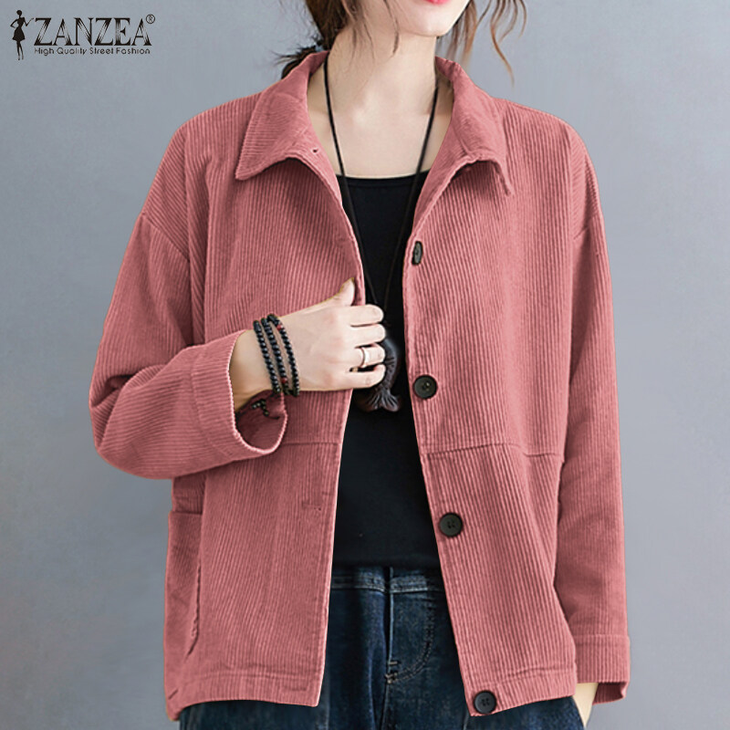 ZANZEA Women Basic Solid Corduroy Long Sleeve Coat Cardigan Collare Neck Jacket Outwear